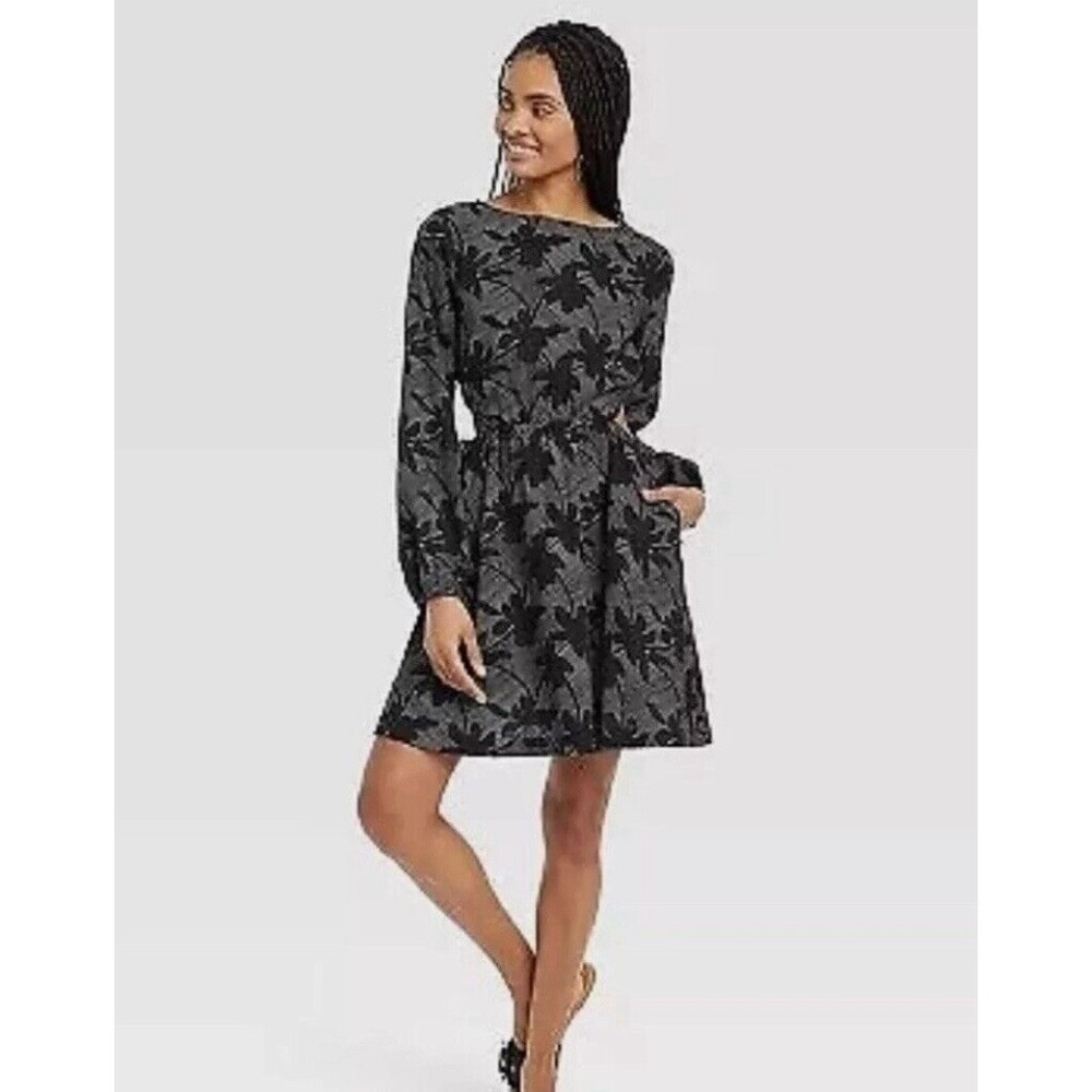 Women's Balloon Long Sleeve Mini A-Line Dress - Universal Thread Black Floral